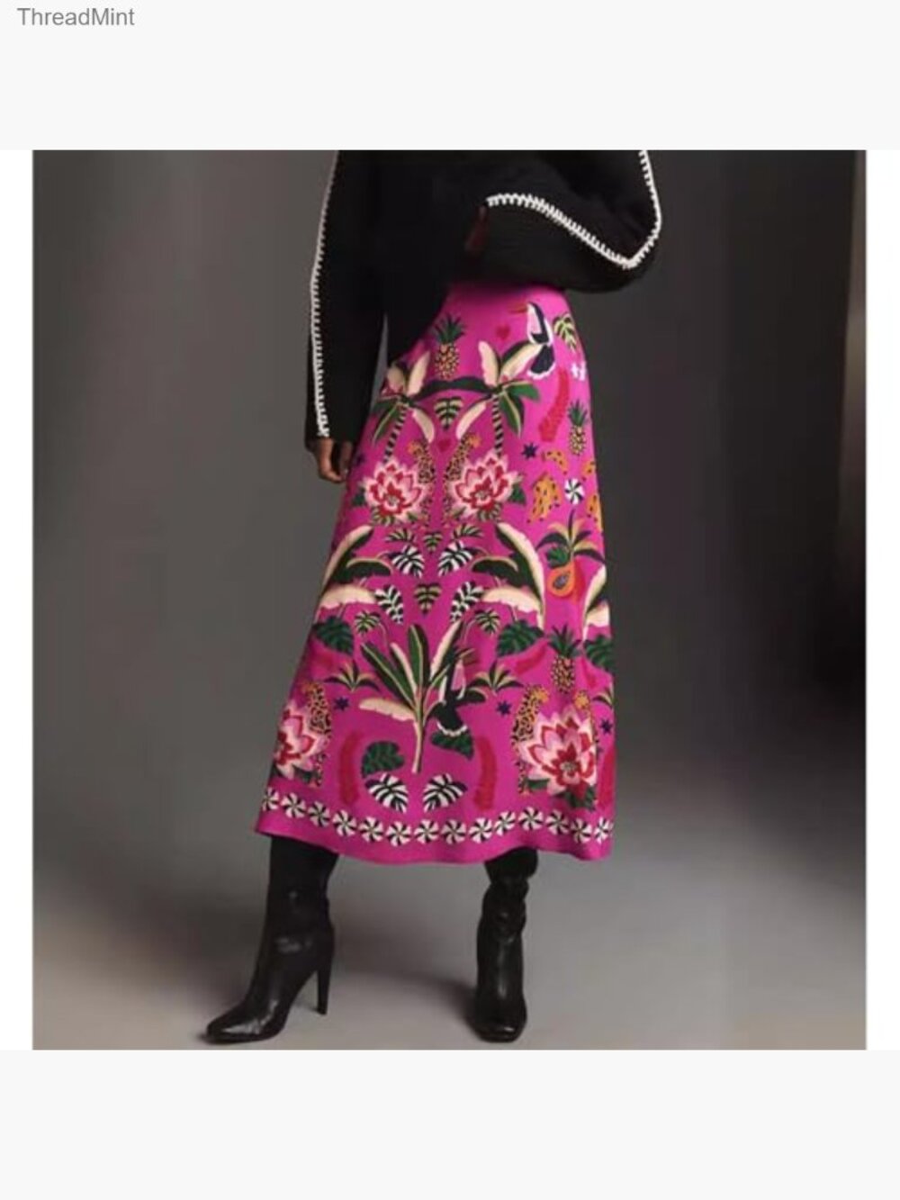 High Waisted A-Line Midi Skirt Tropical Floral Print Satin - Picture 2 of 7